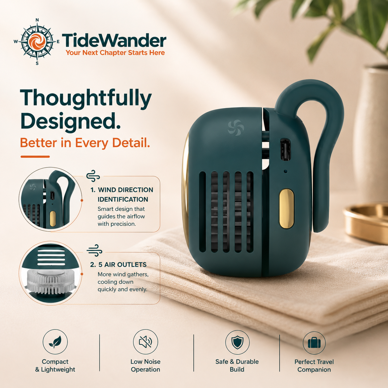 TideWander Clip-On Mini Travel Fan