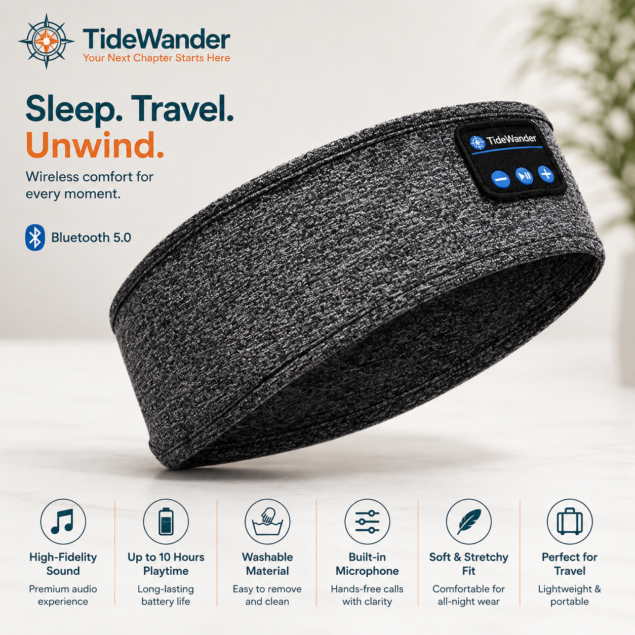 TideWander Bluetooth Sleep Headband + Travel Eye Mask