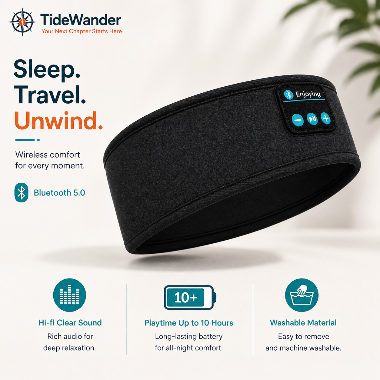 TideWander Bluetooth Sleep Headband + Travel Eye Mask