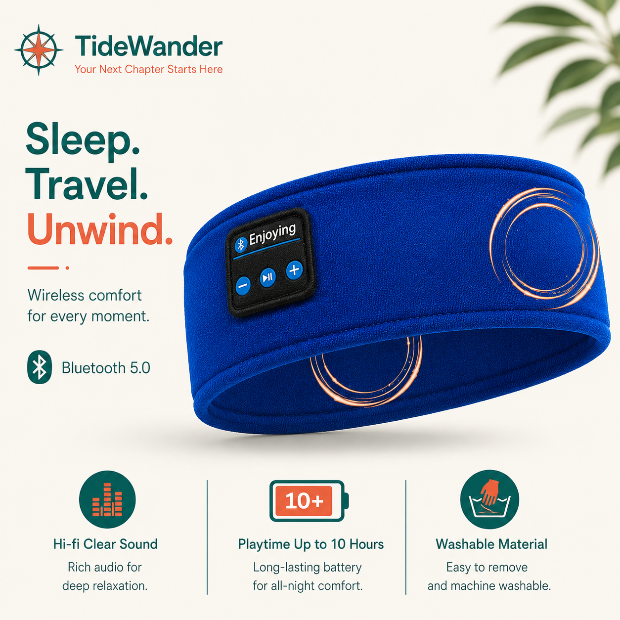 TideWander Bluetooth Sleep Headband + Travel Eye Mask