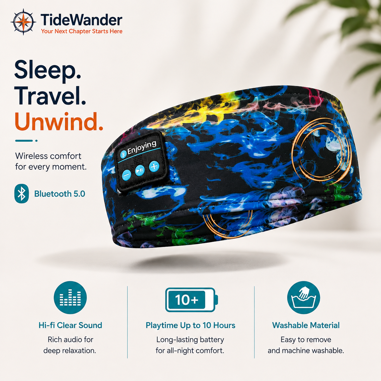 TideWander Bluetooth Sleep Headband + Travel Eye Mask